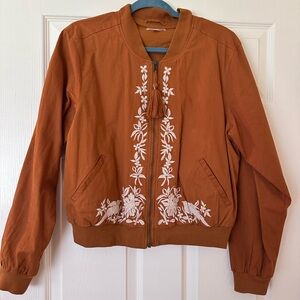 Knox Rose Rust Bomber Jacket with White Floral Embroidery